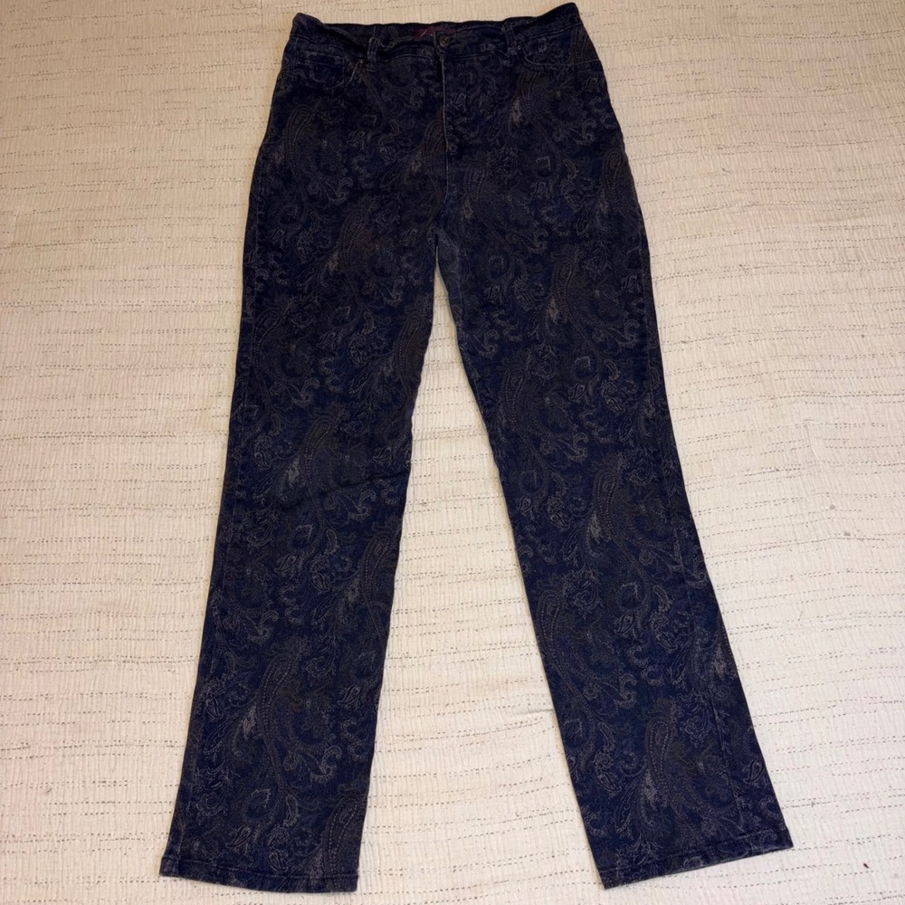 Gloria Vanderbilt Amanda Paisley Print High Rise Straight Leg Jeans Navy Blue 10